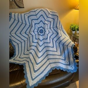 Handmade Delft Blue and Light Blue Crocheted Star Ripple Blanket